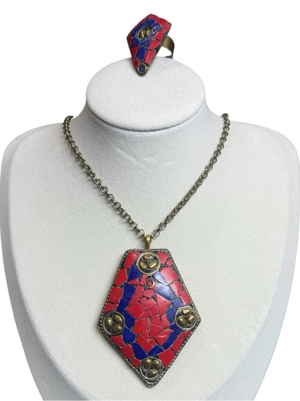 Vintage Red & Blue Mosaic Inlaid Stones Brass-Tone Pendant Necklace Ring Set